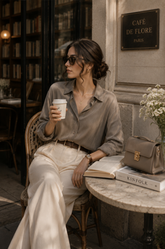 Woman in sunglasses holding a coffee cup at an outdoor cafe in Paris