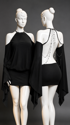 Two mannequins displaying a black off-shoulder dress with long sleeves and backless design