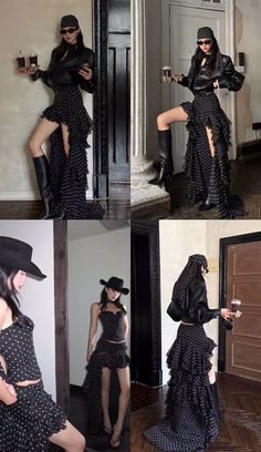 Woman in a black polka dot ruffle skirt and black boots indoors