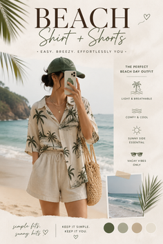 Woman in a palm tree shirt and shorts on a beach, holding a phone