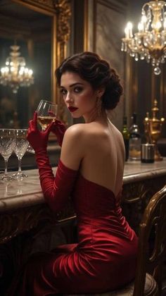 Woman in a red dress and long gloves holding a glass of wine at a bar