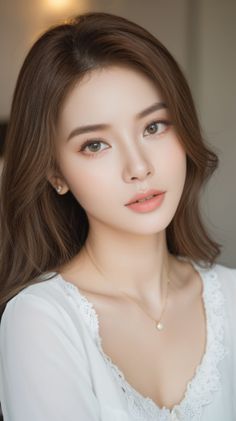 Woman with long brown hair wearing a white top with lace trim and a pearl necklace