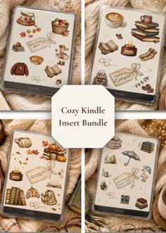 Four Kindle inserts with cozy, autumn, and coffee-themed illustrations