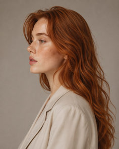 Woman with long red hair and freckles in a beige jacket, profile view