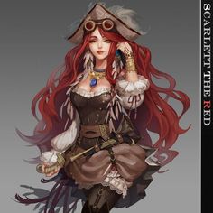 Illustration of a woman with long red hair wearing a pirate hat and corset