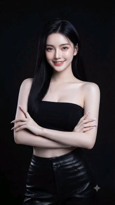 Woman with long black hair wearing a tube top and leather pants