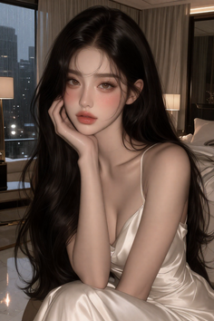Woman with long dark hair in a satin dress indoors at night