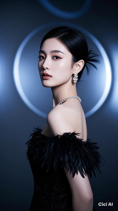 Woman in a black feather-trimmed dress with diamond jewelry against a dark background