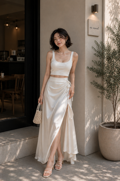 Woman with short hair wearing a crop top and long skirt outdoors