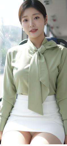 Woman in a green blouse and white skirt sitting indoors