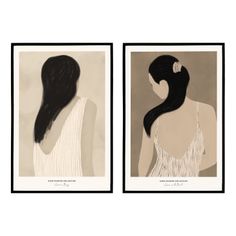 Two minimalist illustrations of women with long black hair from behind