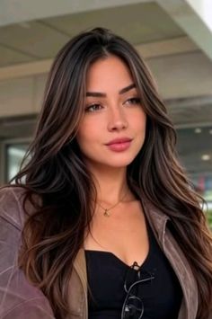 Woman with long brown hair wearing a black top and brown jacket