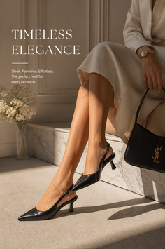 Woman wearing black heels and a midi skirt, holding a black handbag indoors