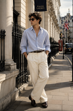 Man in a striped shirt and cream pants standing on a city street