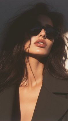 Woman in sunglasses with glossy lips and dramatic lighting