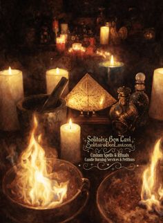 Still life of candles, fire, and various objects in a dark, warm-lit setting