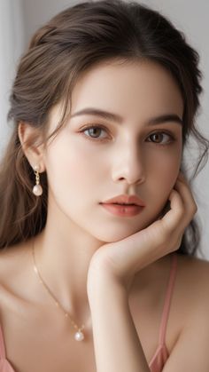 Woman with long brown hair wearing pearl jewelry and a pink top