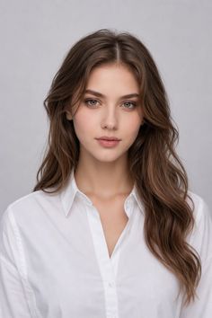 Woman with long brown hair and green eyes wearing a white shirt