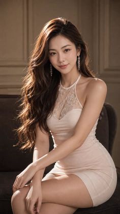 Woman with long hair in a tight dress with lace detail, sitting indoors