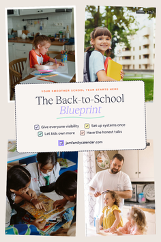Collage of various scenes including children studying, a girl with a backpack, and a father with his daughters