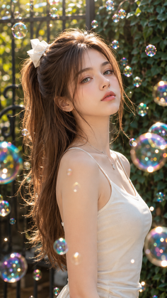 Woman with a ponytail and white bow surrounded by bubbles outdoors