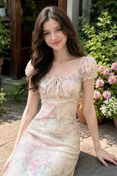 Woman in a floral dress smiling in a sunny outdoor garden