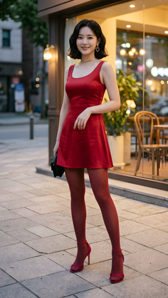 Woman in a red dress and heels standing on a street