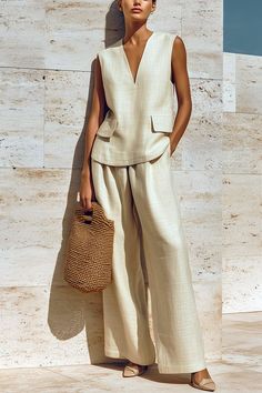 Woman in a cream sleeveless top and wide leg pants holding a straw bag