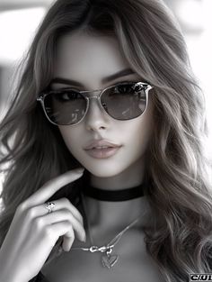 Woman with long hair wearing sunglasses and a choker