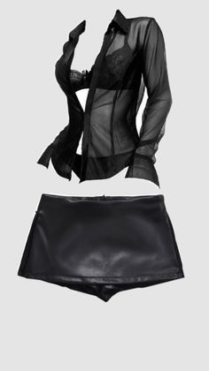 Black sheer shirt with a bra and black leather shorts on a plain background