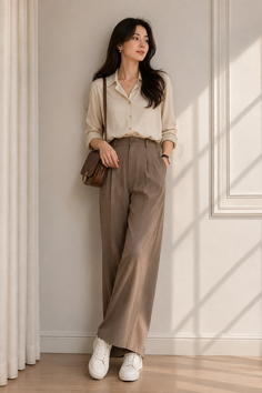 Woman in a button-up shirt and wide-leg pants leaning against a wall