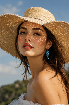 Woman in a straw hat with sunlight patterns on her face and exposed shoulders