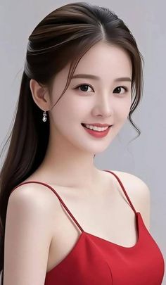 Woman with long hair and a red dress smiling at the camera