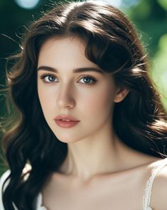 Woman with long wavy hair and blue eyes in soft outdoor lighting