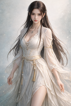 Woman with long dark hair in an ornate white dress with flowing fabric
