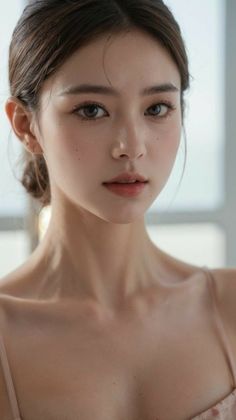 Woman with brown hair in a bun, wearing a light-colored top, with soft lighting