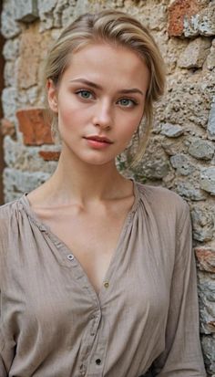Blonde woman with green eyes in a collared shirt leaning against a stone wall