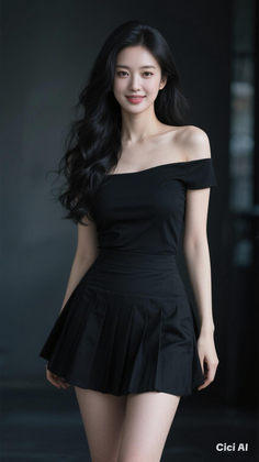 Woman with long black hair wearing an off-shoulder top and pleated skirt