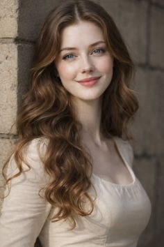 Woman with long wavy brown hair and blue eyes smiling softly