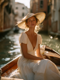 Woman in a white dress and straw hat on a boat in a canal at golden hour