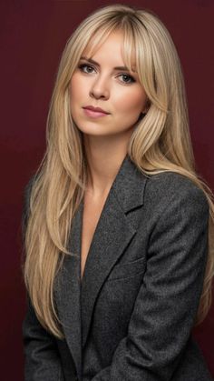 Woman with long blonde hair and a grey blazer against a dark red background