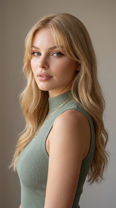 Blonde woman with long hair and green eyes wearing a ribbed top and necklace