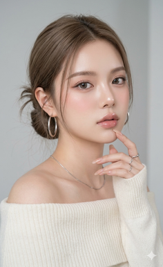 Woman with brown hair in an off-shoulder sweater and hoop earrings