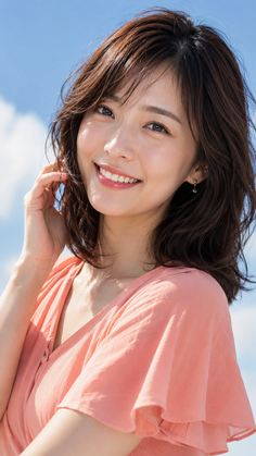 Woman with short brown hair in a peach dress smiling outdoors under a blue sky