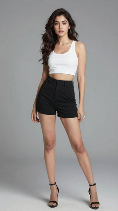 Woman in a white crop top and black shorts posing in a studio
