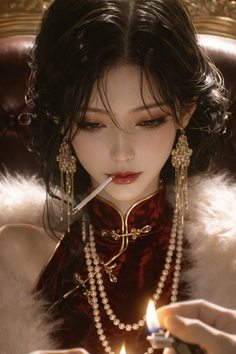 Woman in a red cheongsam with a cigarette being lit by a lighter