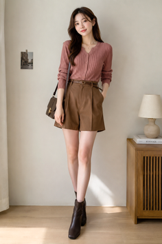 Woman in a pink cardigan and brown shorts posing indoors