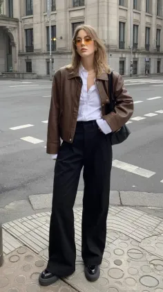 Woman in a brown leather jacket and black pants on a city street