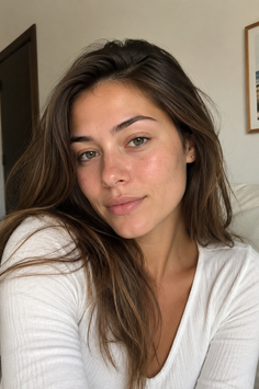 Woman with long brown hair and green eyes wearing a white shirt indoors