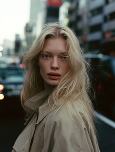 Blonde woman in a trench coat on a city street